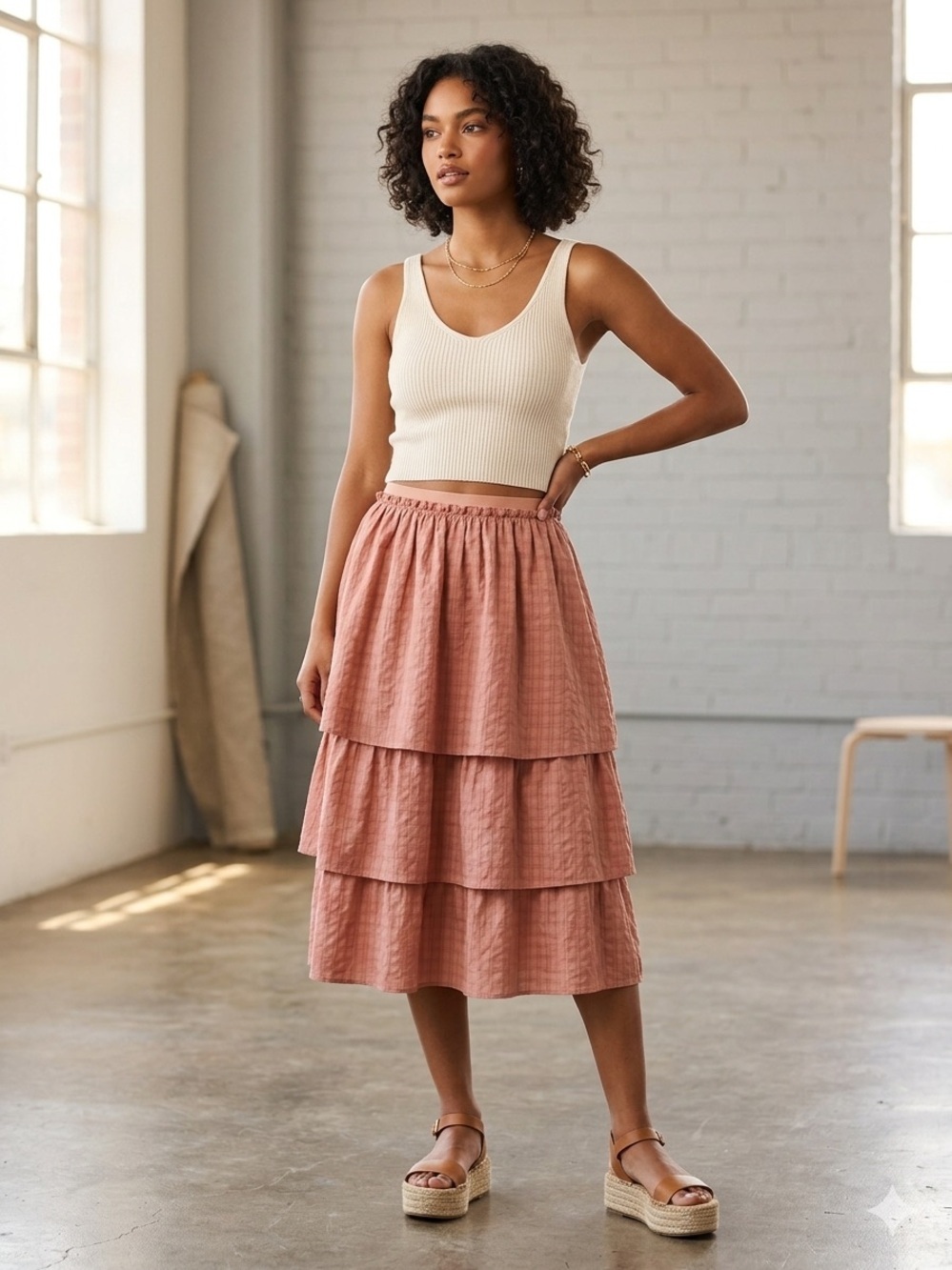 NWT lilou Oval Tweed Elastic Tiered Ruffle Pink Barbie Coquette MIDI Skirt 16